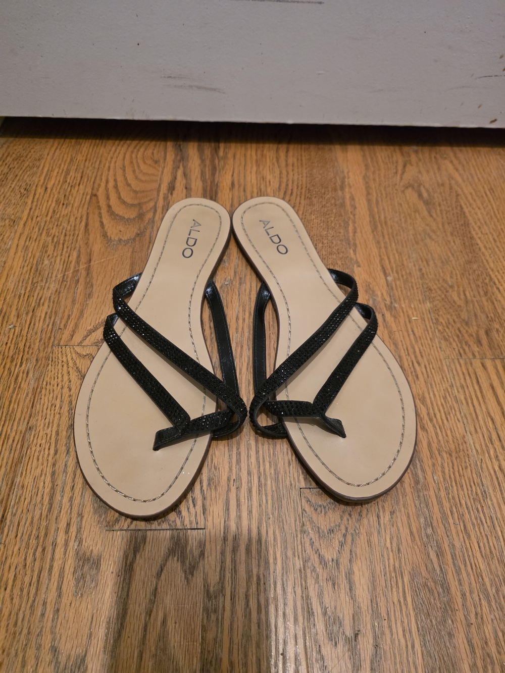 ALDO Black Strappy Slide Sandals with Tan Footbed